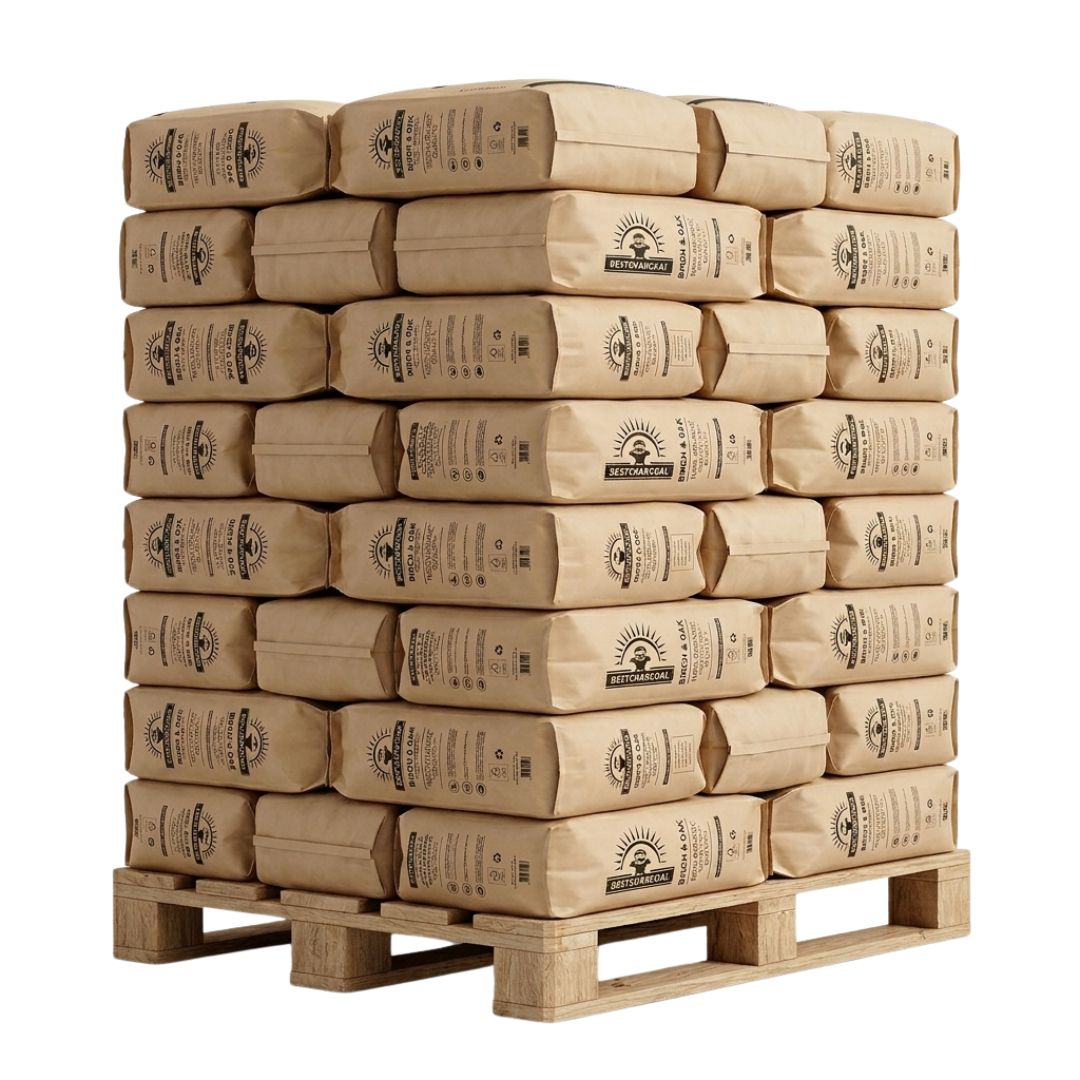 Pallet met 36 zakken Bestcharcoal Berk en Eik houtskool 10kg