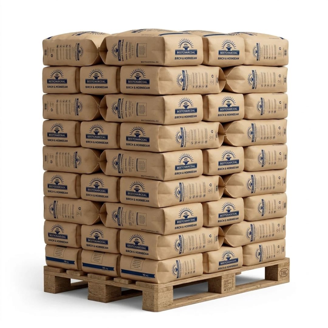 Pallet Bestcharcoal Houtskool Birch en Hornbeam 36 x 10KG Zakken